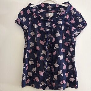 Edme & Esyllte Anthropologie Sz 4 Navy & Pink Floral Ruffle Top Button